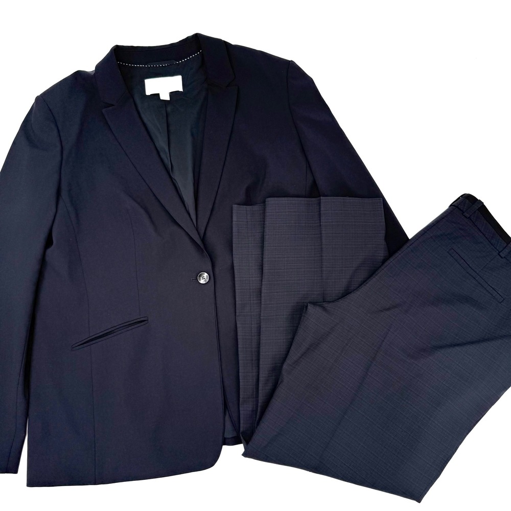 Hugo Boss Pant Suit Women 14 Navy Blue Excellent Virgin Wool 2-Piece Blazer Set